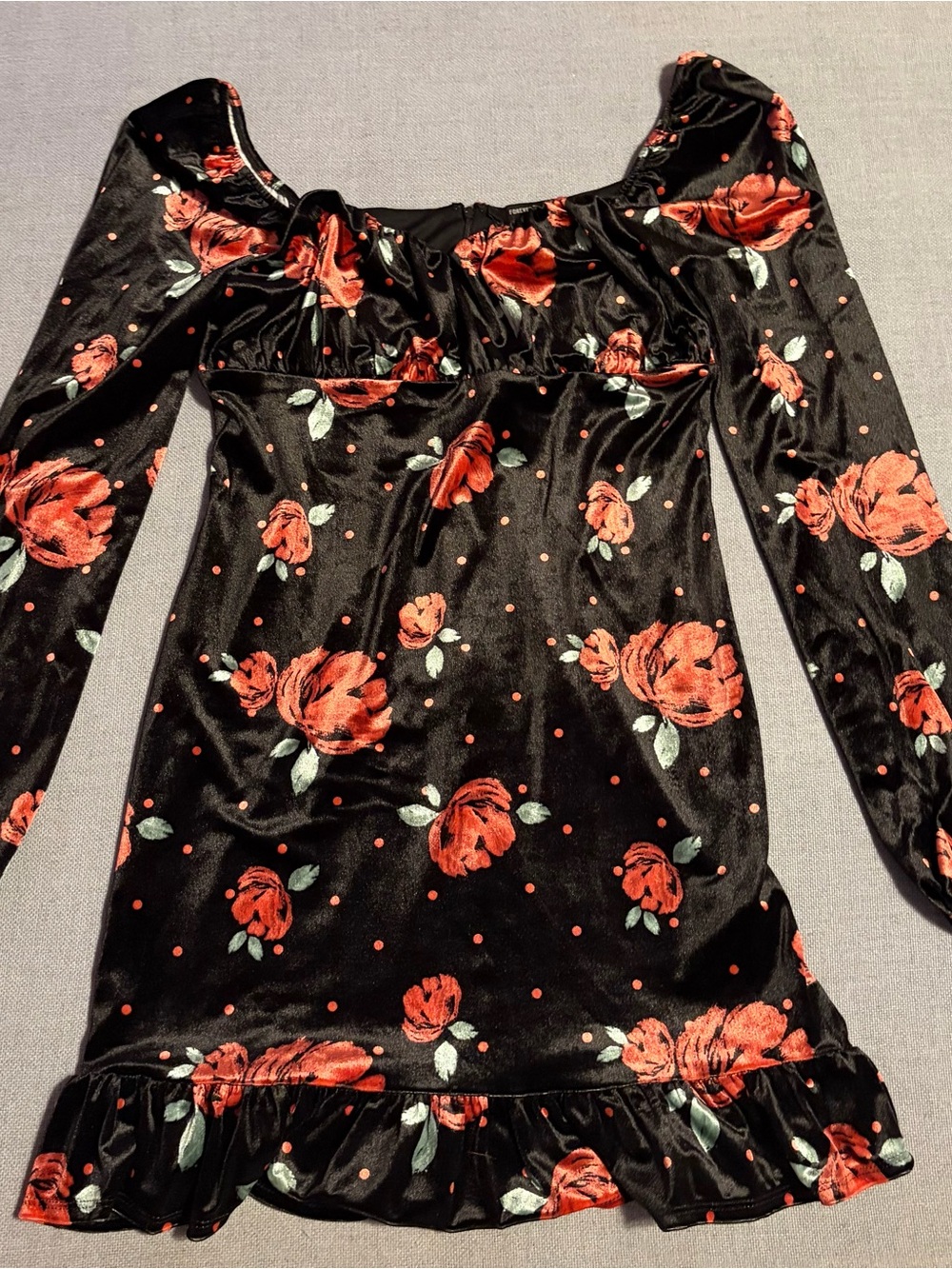 Forever 21 Black Velvet Long-Sleeve Mini Dress with Red Rose Print